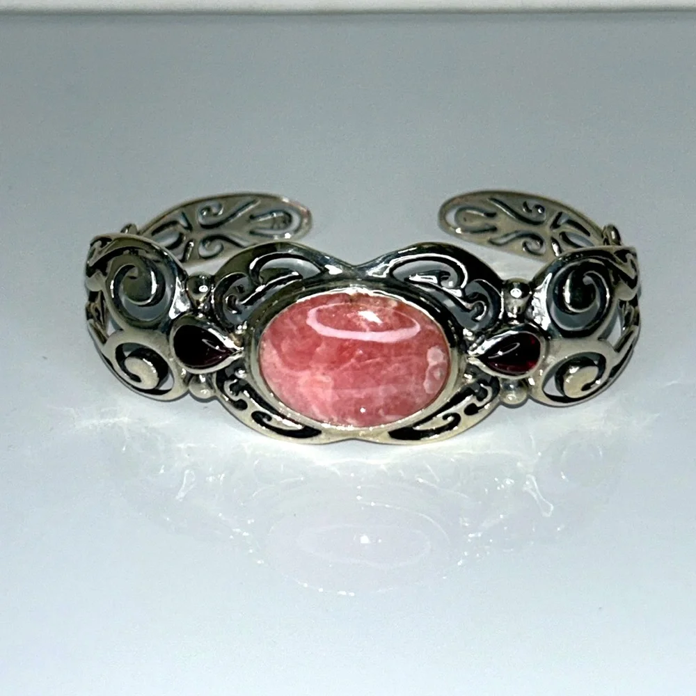 Carolyn Pollack Sterling Silver Rhodochrosite Garnet Gemstone Cuff Bracelet